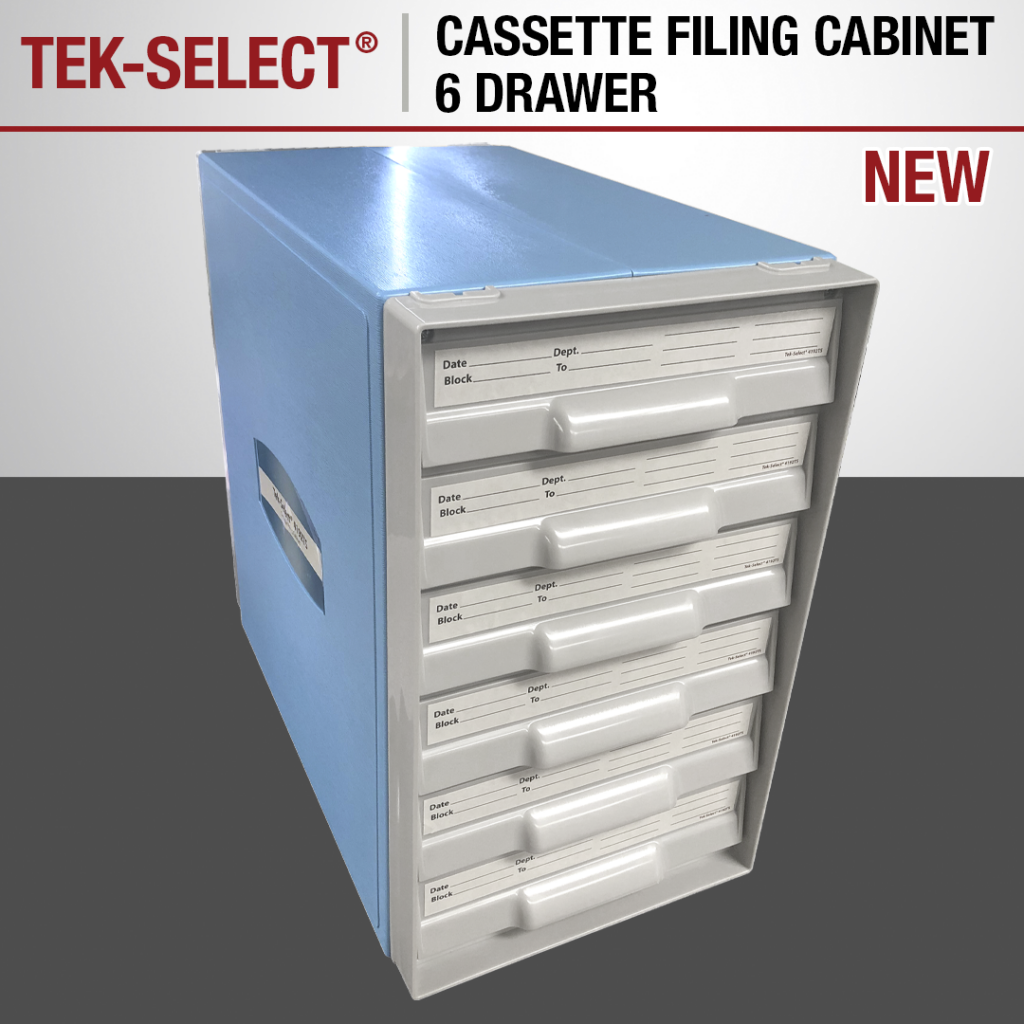 Cassette filing cabinet in blue