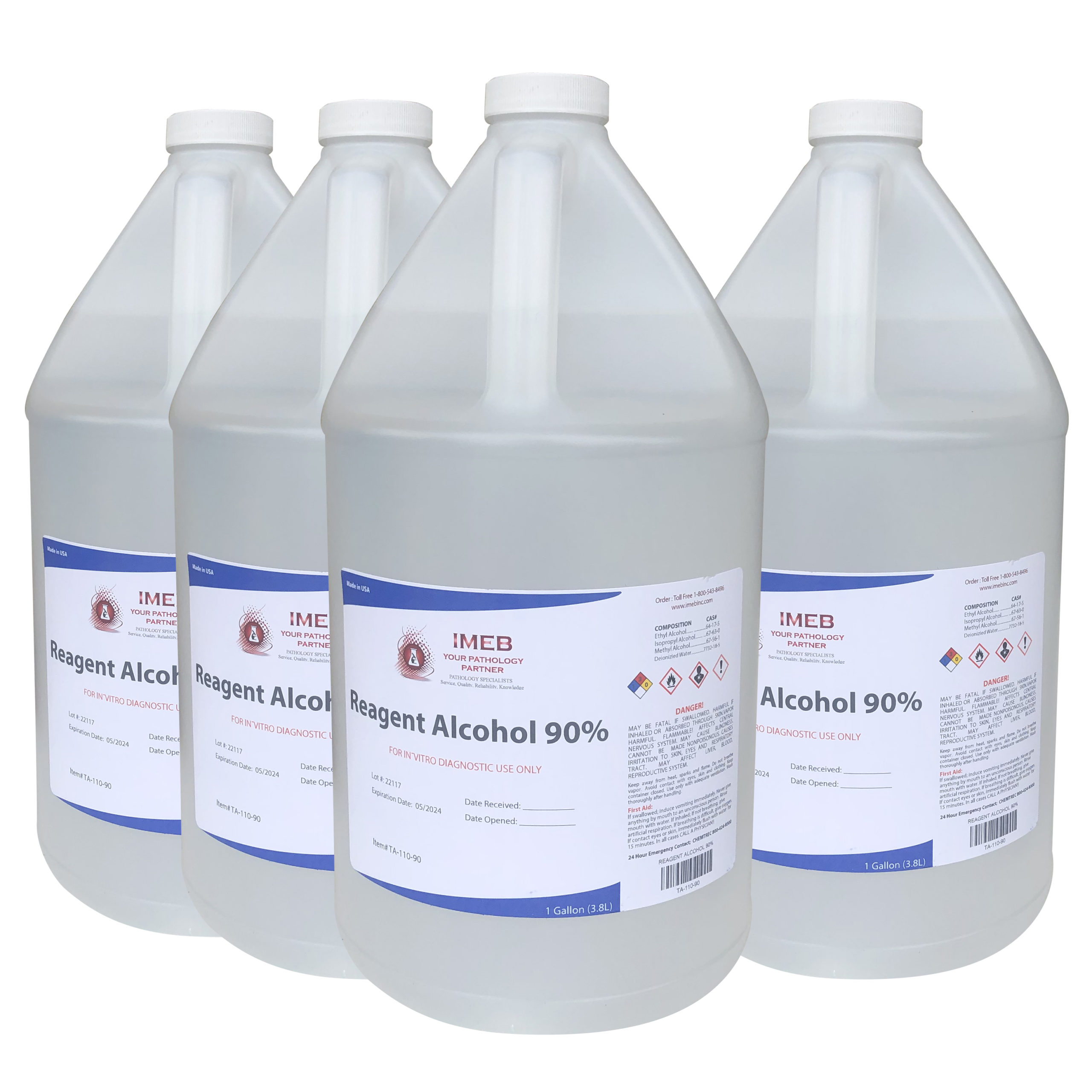 Picture of a 4-pack (4 gallons) of Tek-Select Reagent Alcohol 90 percent