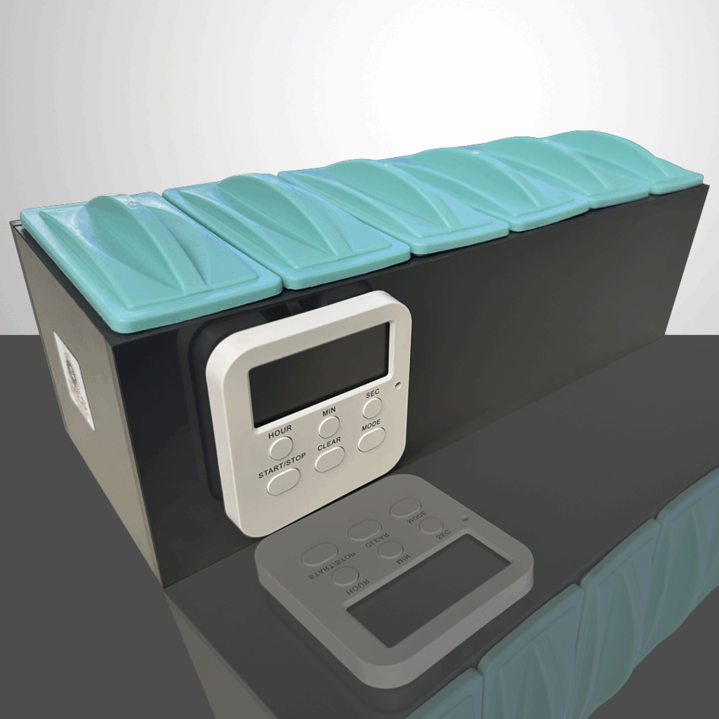 SSS-60CK slide staining rack with a digital clock on a gray table and reflection C